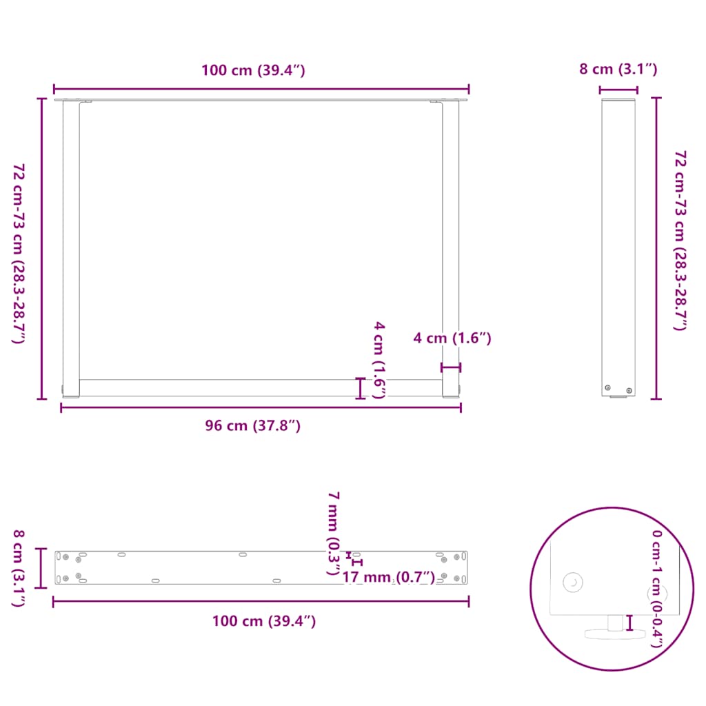 Pieds de table à manger en U 3 pièces Acier naturel 100 x (72-73) cm Acier - XIOS