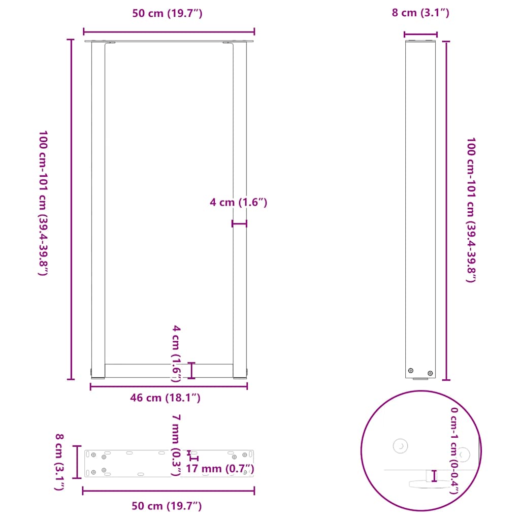 Pieds de table de bar en U, 2 pièces, blanc, 50 x (100-101) cm, acier - XIOS