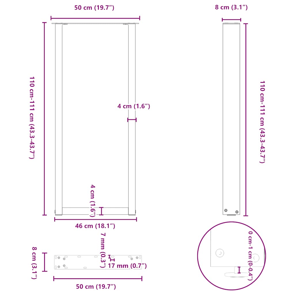 Pieds de table de bar en U, 2 pièces, noir, 50 x (110-111) cm, acier - XIOS