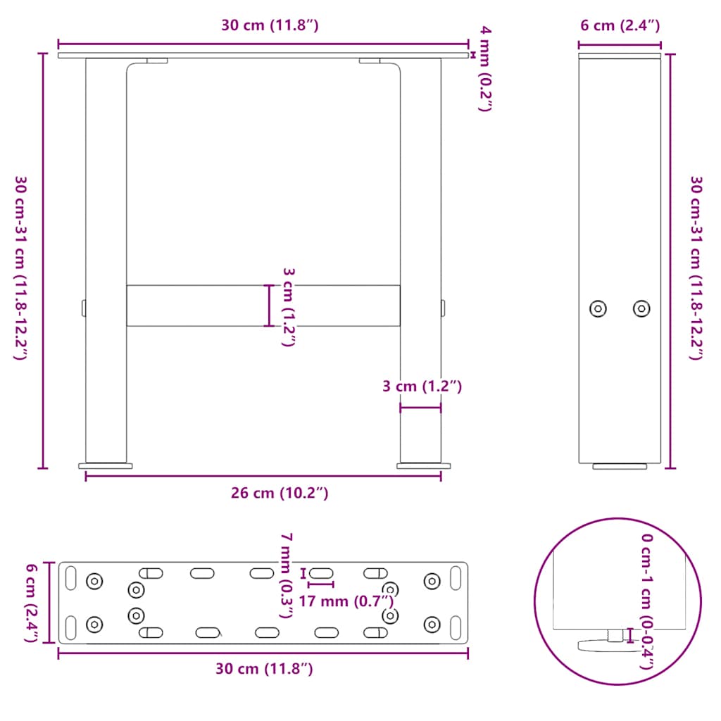 Pieds de table basse blanc 2 pcs 30x(30-31) cm acier Pieds de table vidaXL