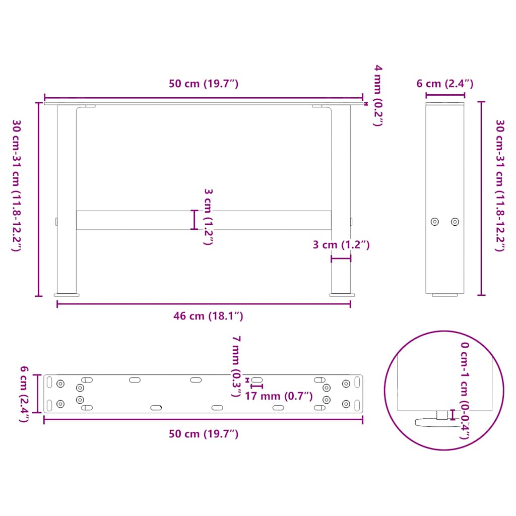 Pieds de table basse en acier naturel 2 pièces 50 x (30-31) cm Acier - XIOS