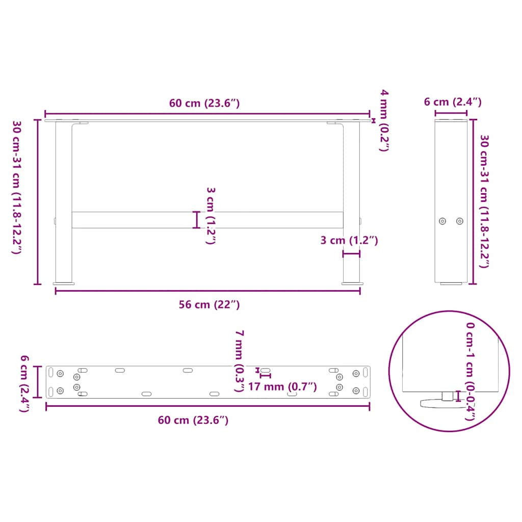 Pieds de table basse en acier naturel 2 pièces 60 x (30-31) cm Acier - XIOS