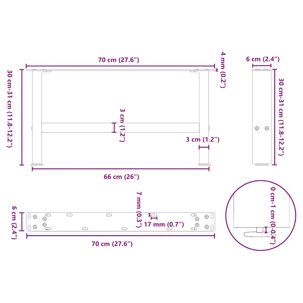 Pieds de table basse Noir 2 pièces 70 x (30-31) cm Acier - XIOS