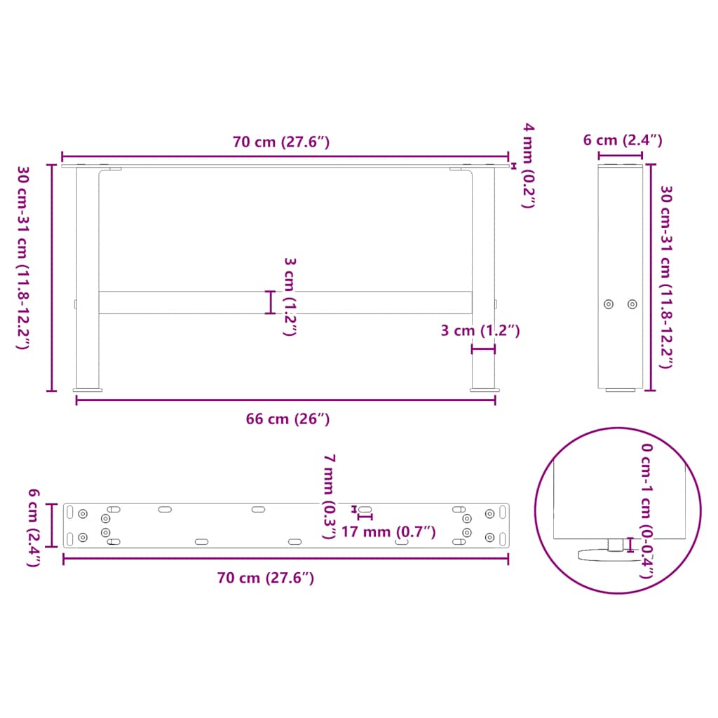 Pieds de table basse Anthracite 2 pièces 70 x (30-31) cm Acier