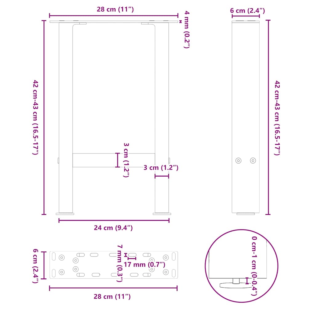 Pieds de table basse en acier naturel 2 pièces 28 x (42-43) cm Acier - XIOS