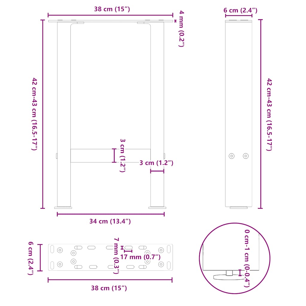 Pieds de table basse en acier naturel, 2 pièces, 38 x (42-43) cm - XIOS