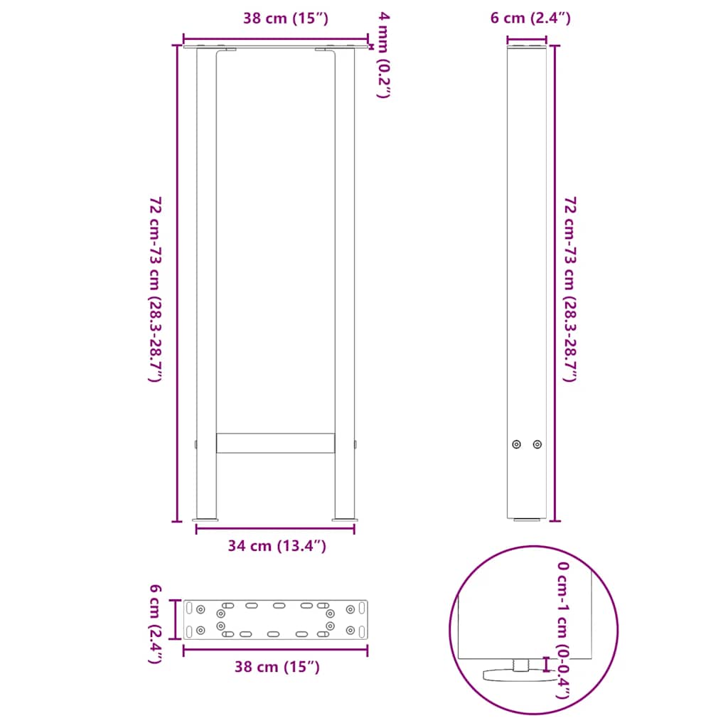 Pieds de table basse anthracite 2 pcs 38x(72-73) cm acier Pieds de table vidaXL