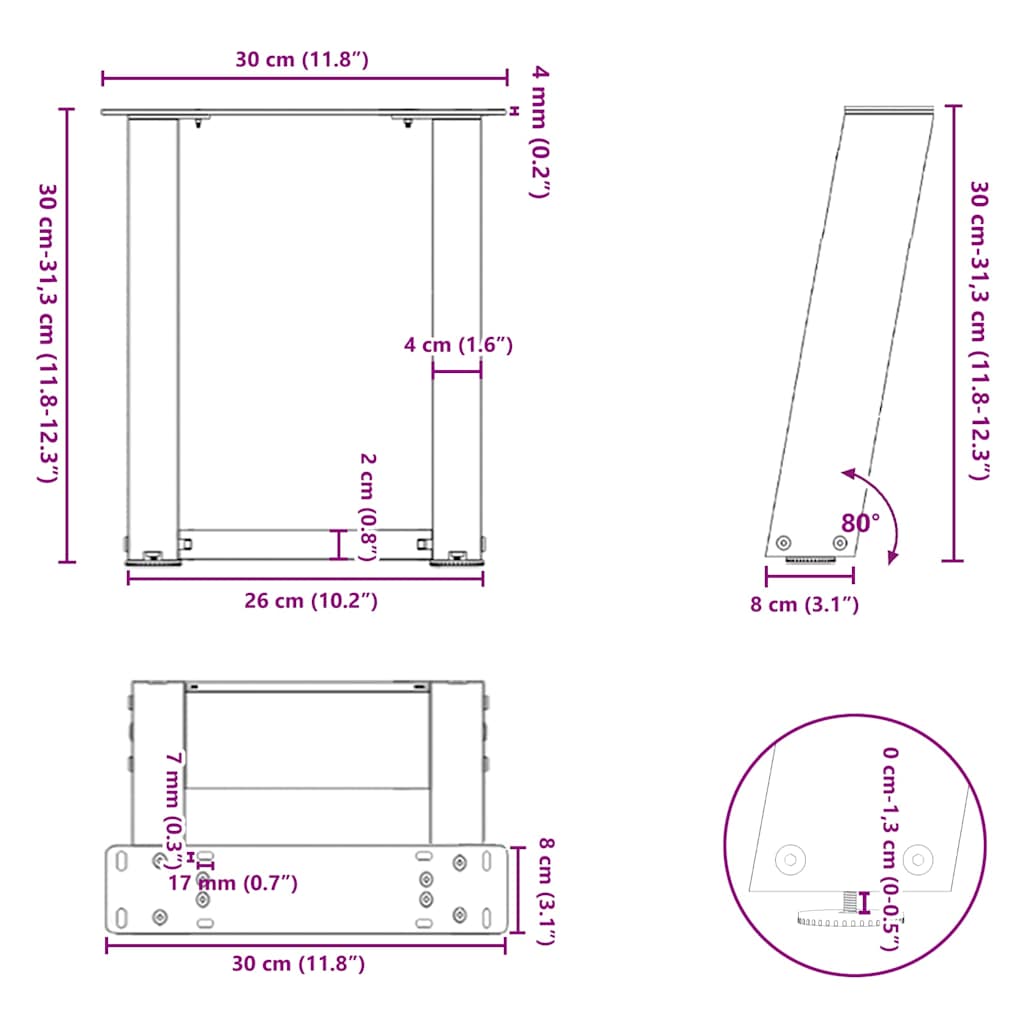Pieds de table basse en U 2 pièces Anthracite 30 x (30-31) cm Acier - XIOS