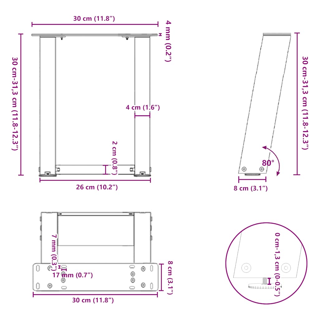 Pieds de table basse en U 2 pièces Acier naturel 30 x (30-31) cm Acier - XIOS