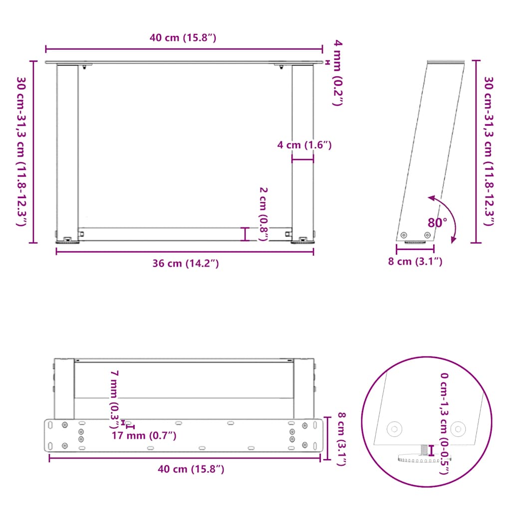 Pieds de table basse en U, 2 pièces, noir, 40 x (30-31) cm, acier - XIOS