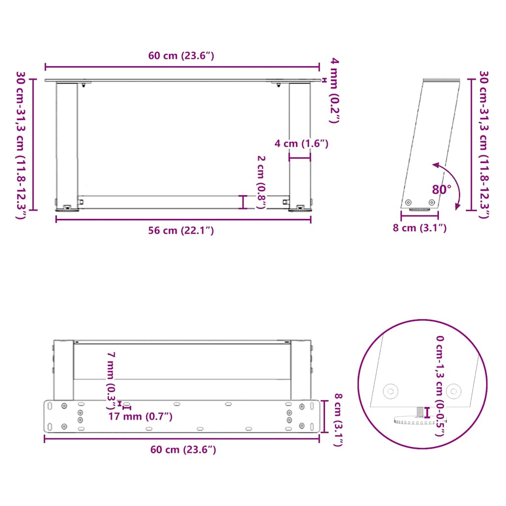 Pieds de table basse en U 2 pièces Acier naturel 60 x (30-31) cm Acier - XIOS