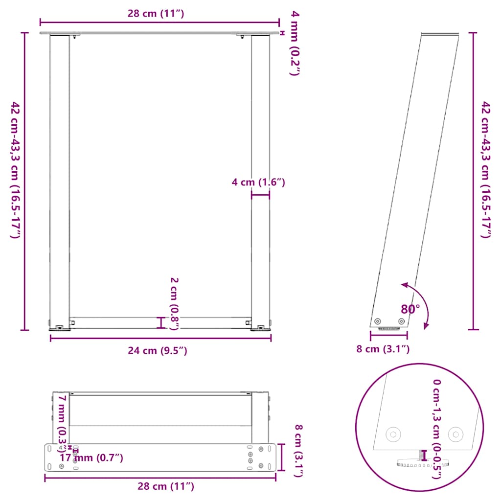 Pieds de table basse en U 2 pièces Acier naturel 28 x (42-43) cm Acier - XIOS