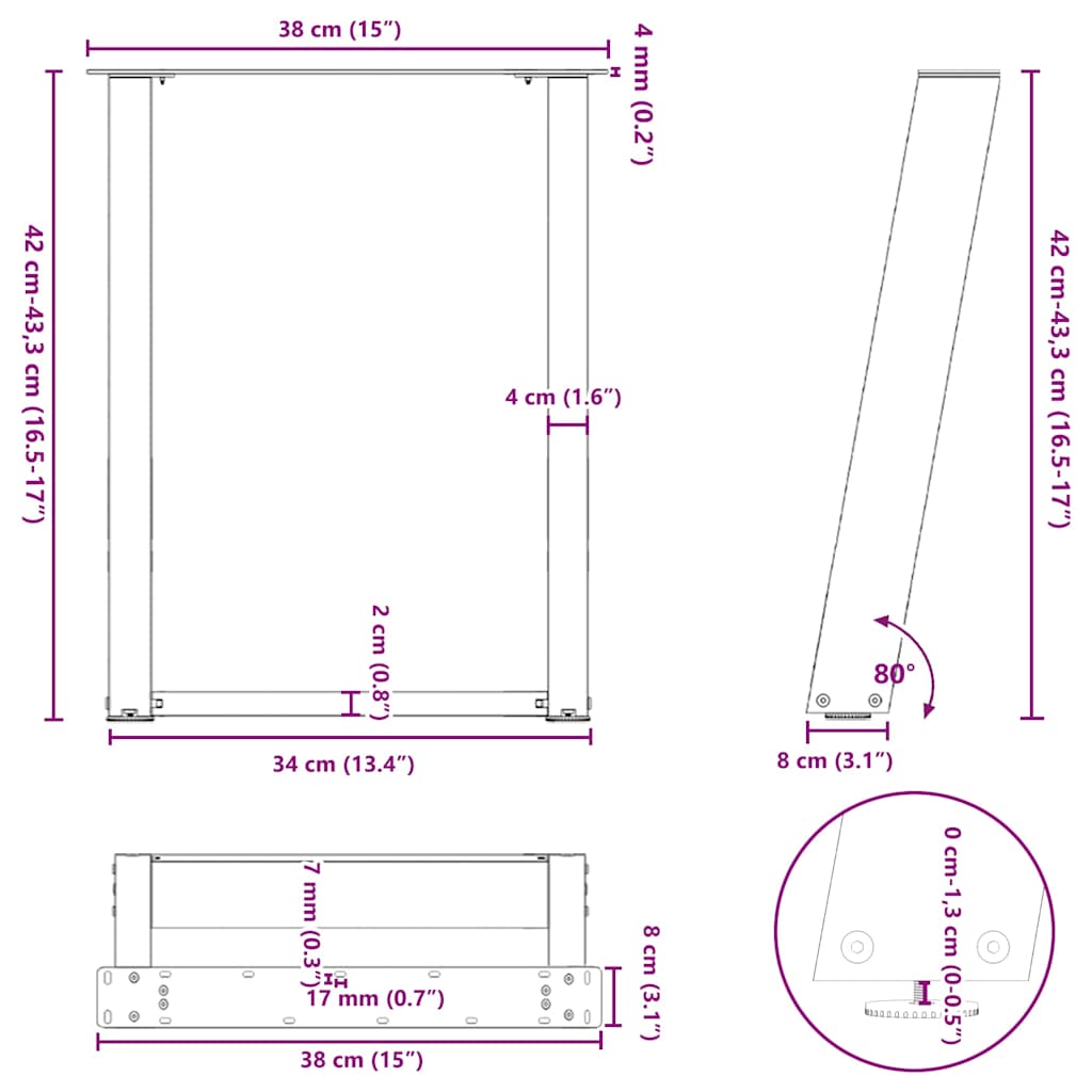 Pieds de table basse en U 2 pièces Anthracite 38 x (42-43) cm Acier - XIOS