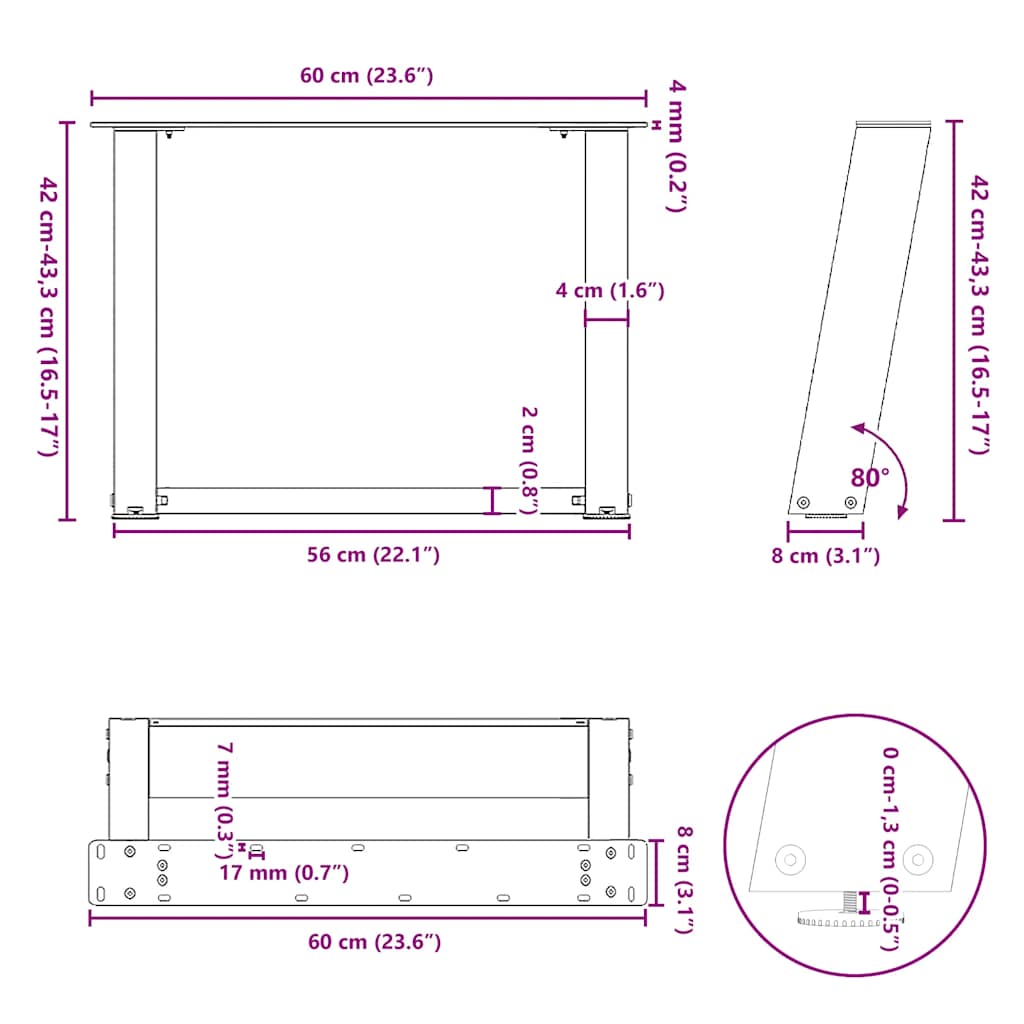 Pieds de table basse en U, 2 pièces, noir, 60 x (42-43) cm, acier - XIOS