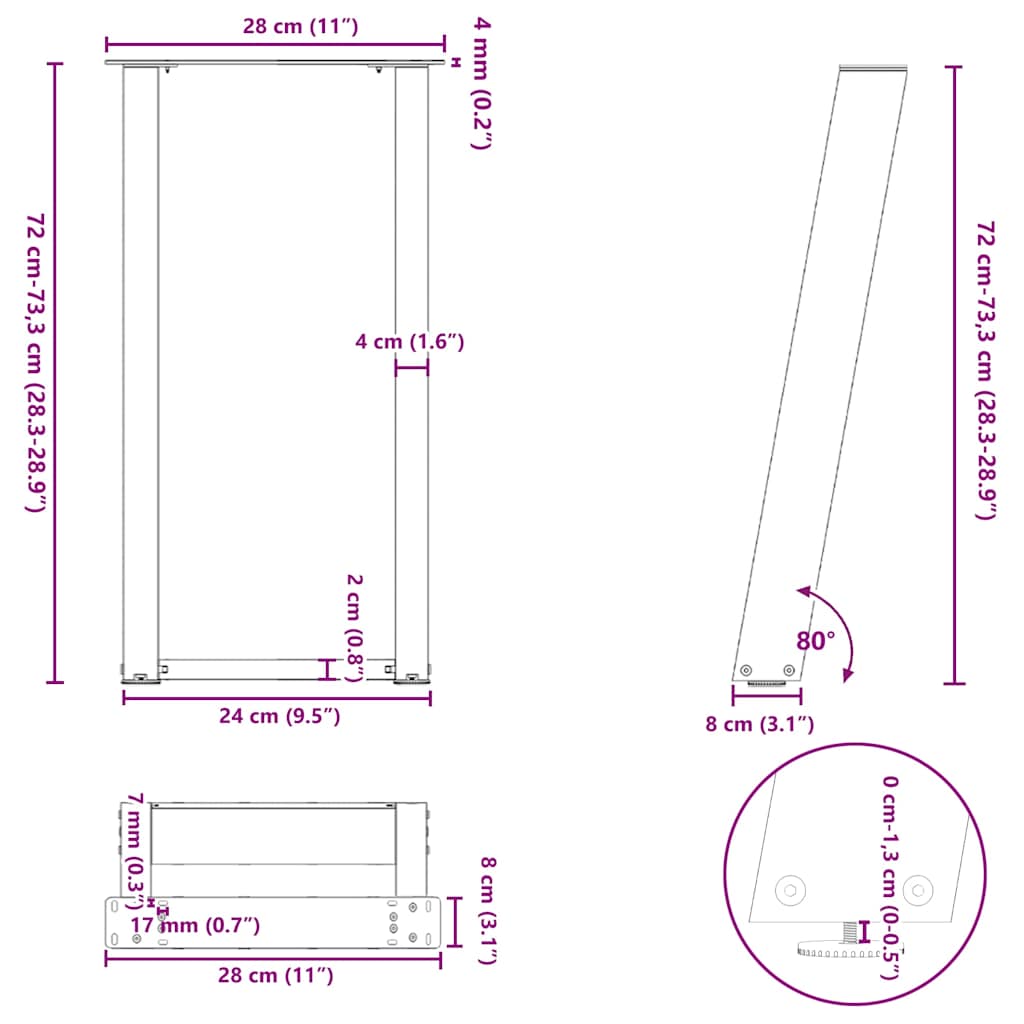 Pieds de table console en U, 2 pièces, anthracite, 28 x (72-73) cm, acier - XIOS