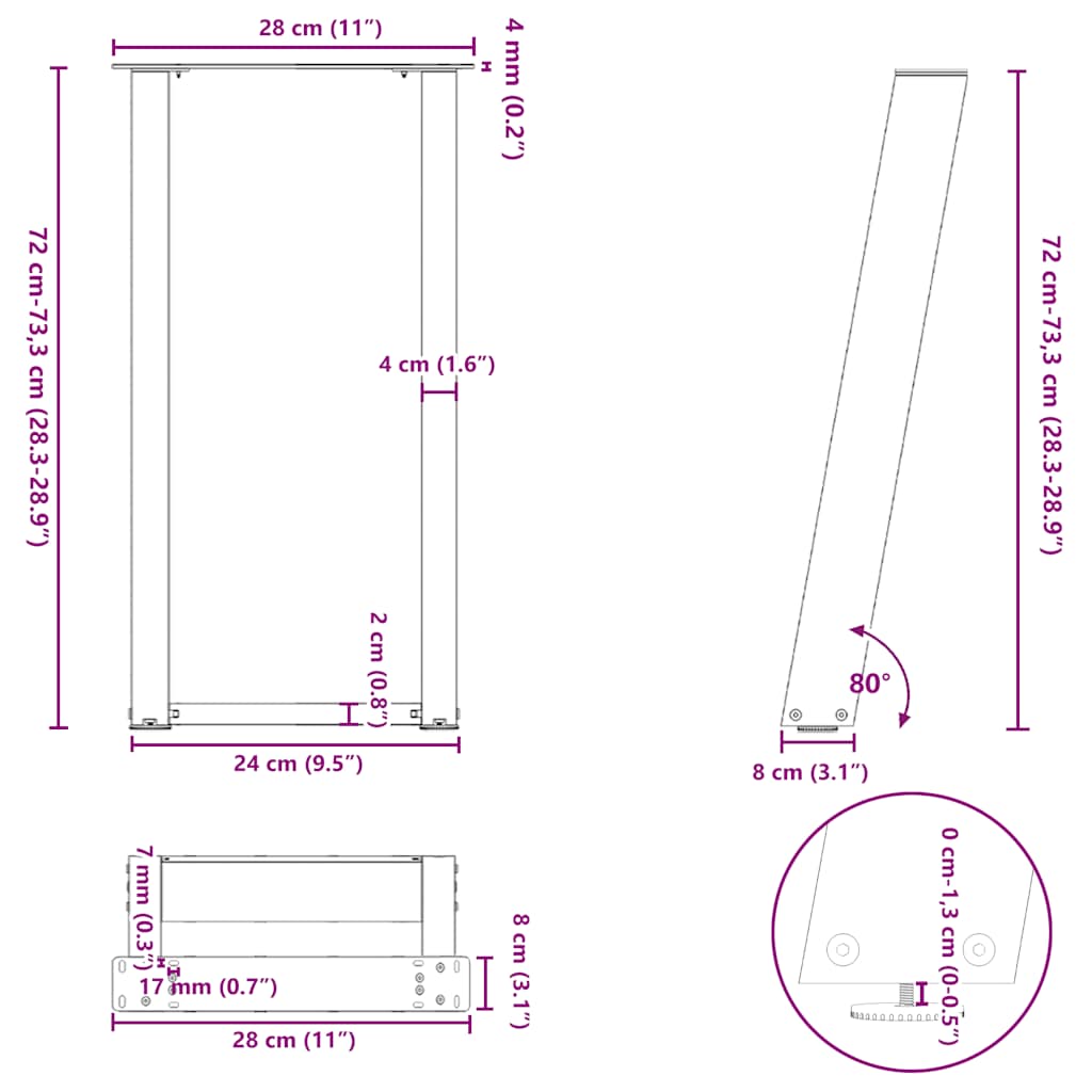 Pieds de table console en U, 2 pièces, acier naturel, 28 x (72-73) cm - XIOS