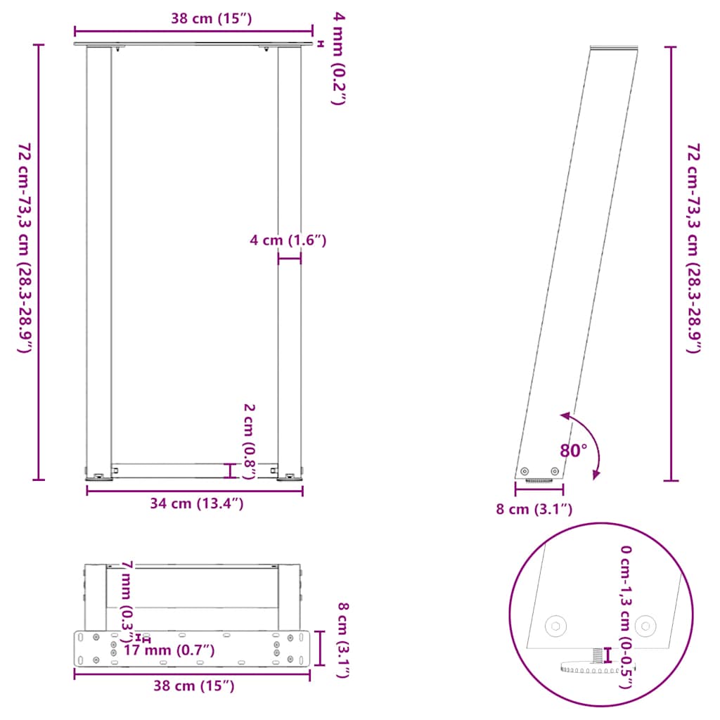 Pieds de table console en U, 2 pièces, acier naturel, 38 x (72-73) cm - XIOS