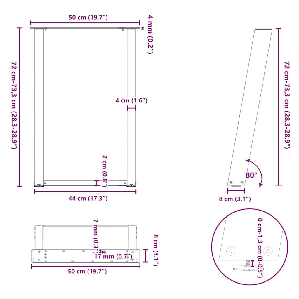 Pieds de table à manger en U 2 pièces Acier naturel 50 x (72-73) cm Acier - XIOS