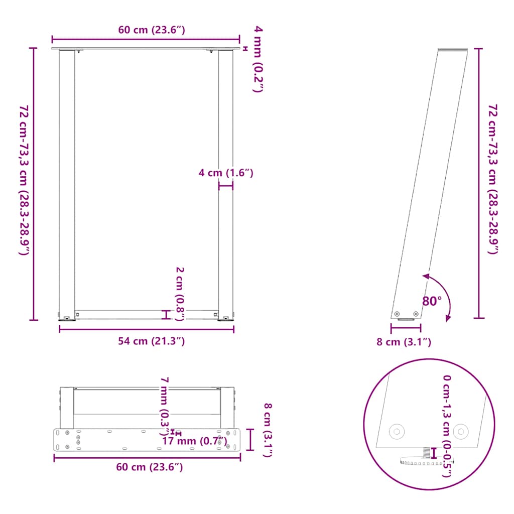 Pieds de table à manger en U 2 pièces Noir 60 x (72-73) cm Acier - XIOS