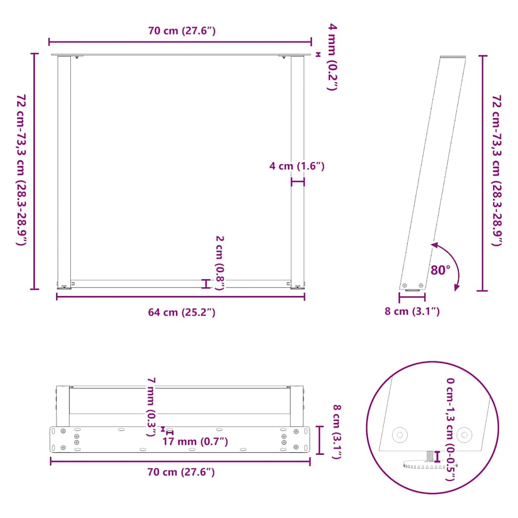 Pieds de table à manger en U 2 pièces Noir 70 x (72-73) cm Acier - XIOS