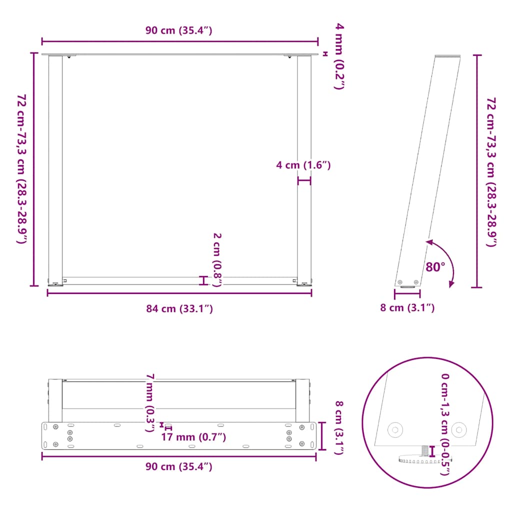 Pieds de table à manger en forme de U, 2 pièces, acier naturel, 90 x (72-73) cm - XIOS