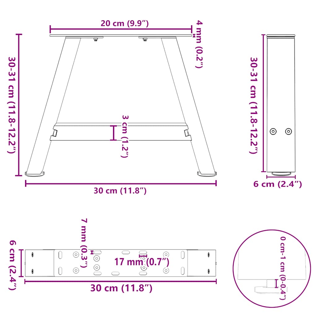 Pieds de table basse en forme de A 2 pièces Noir 30 x (30-31) cm Acier - XIOS