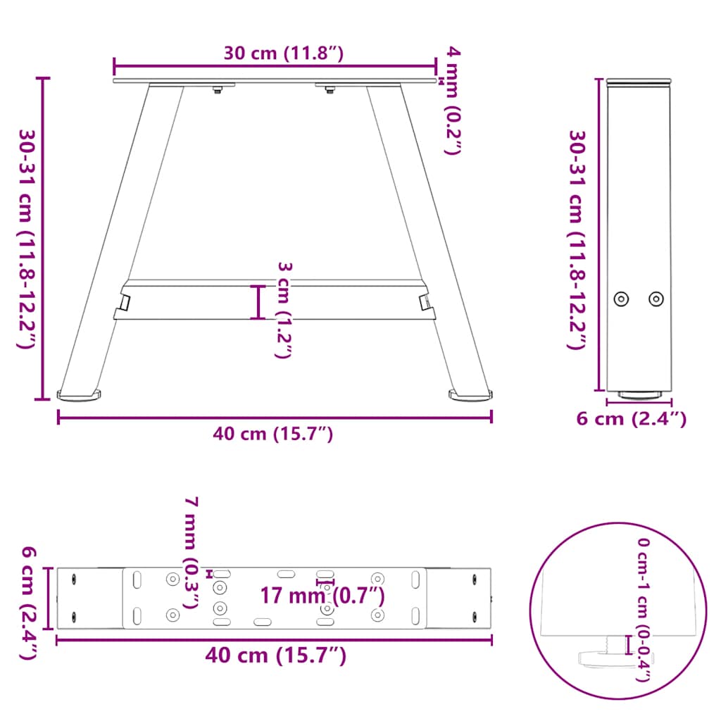 Pieds de table basse en forme de A, 2 pièces, noir, 40 x (30-31) cm, acier - XIOS