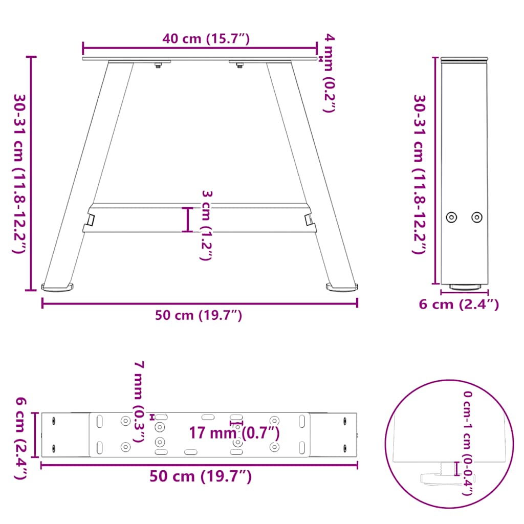 Pieds de table basse en forme de A, 2 pièces, noir, 50 x (30-31) cm, acier - XIOS