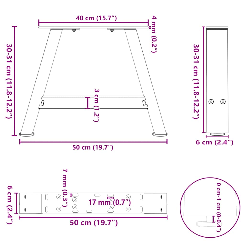 Pieds de table basse en forme de A, 2 pièces, blanc, 50 x (30-31) cm, acier - XIOS
