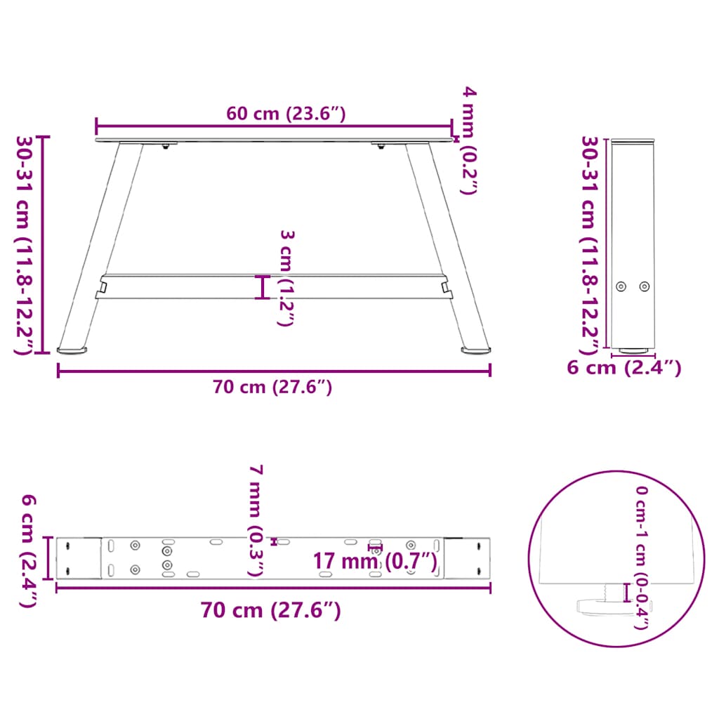 Pieds de table basse en forme de A, 2 pièces, 70 x (30-31) cm, acier - XIOS