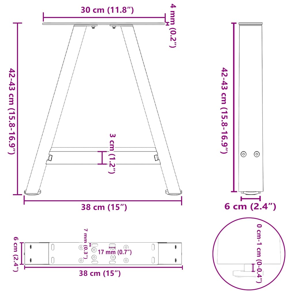 Pieds de table basse en forme de A, 2 pièces, blanc, 38 x (42-43) cm, acier - XIOS