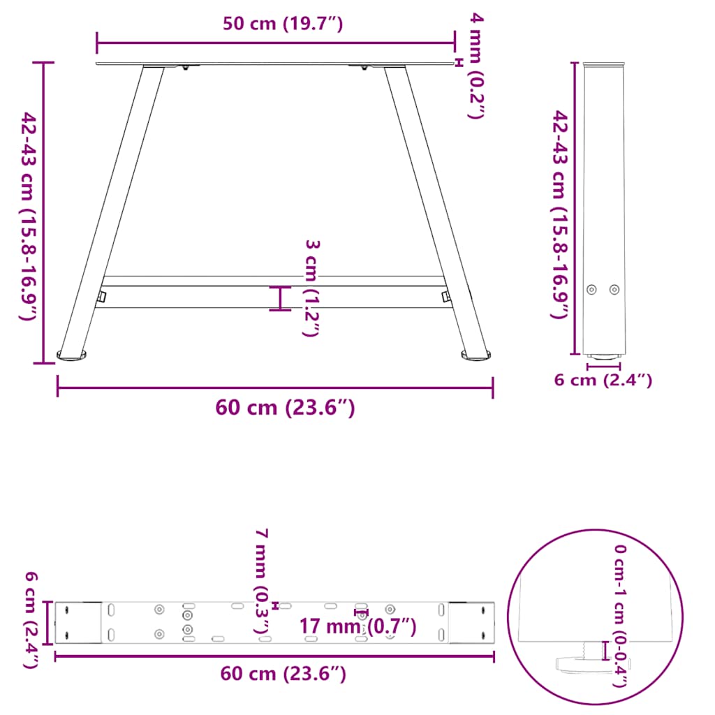 Pieds de table basse en forme de A, 2 pièces, 60 x (42-43) cm, acier - XIOS