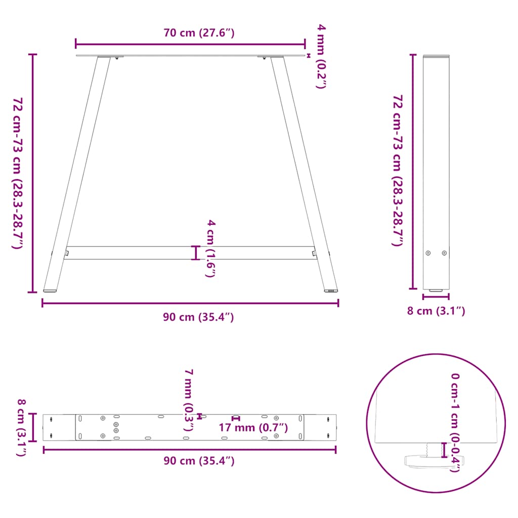 Pieds de table à manger en forme de A, 2 pièces, noir, 90 x (72-73) cm, acier - XIOS