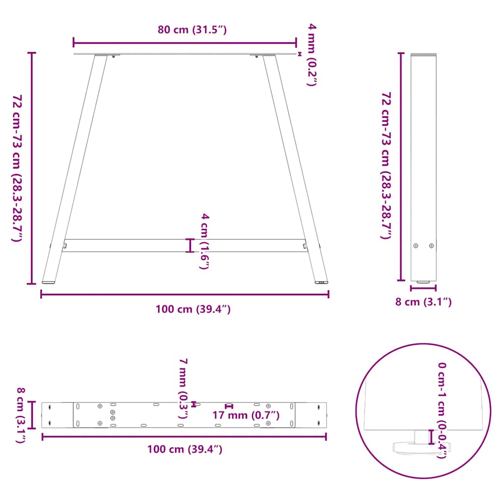 Pieds de table à manger en forme de A, 2 pièces, noir, 100 x (72-73) cm, acier - XIOS