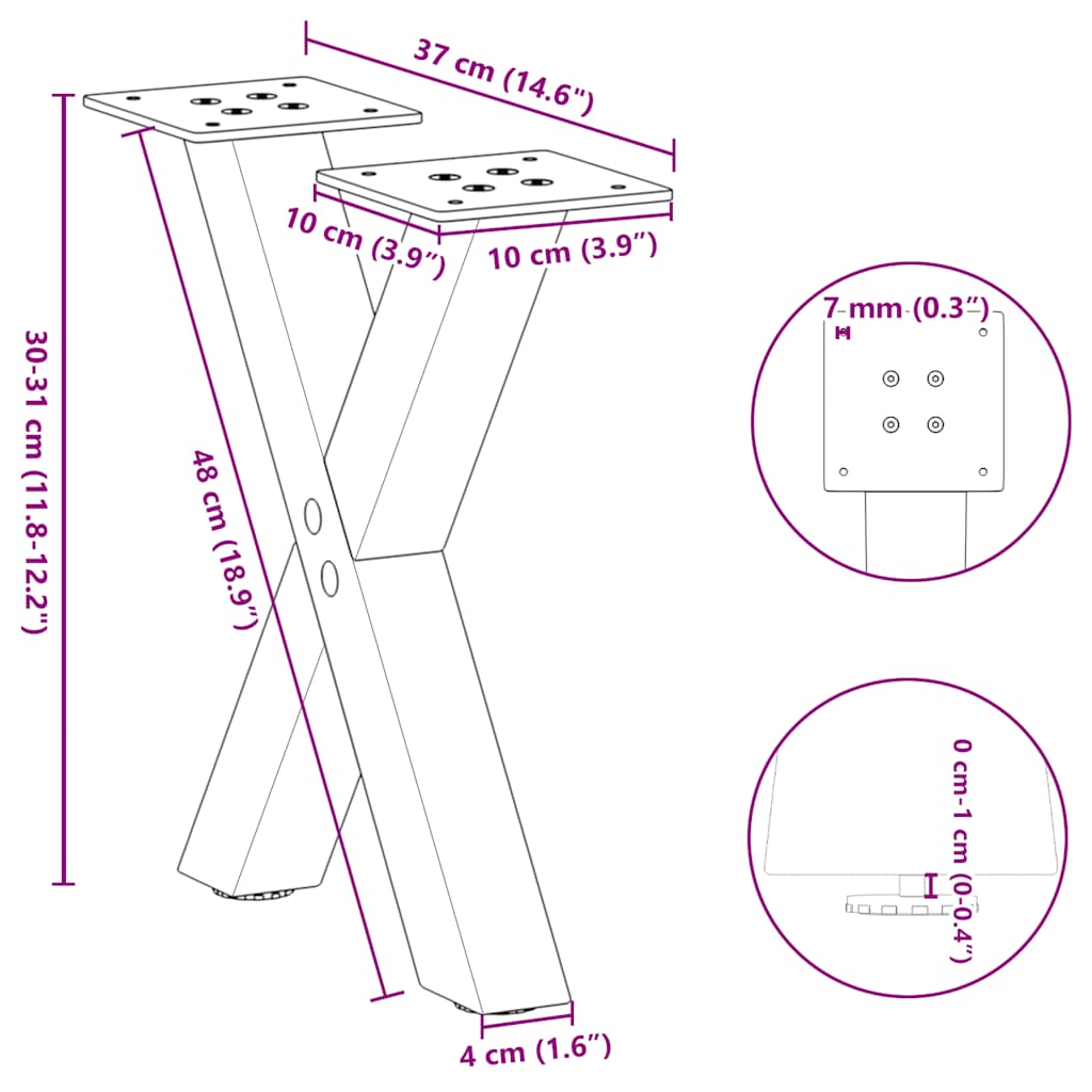 Pieds de table basse en forme de X, 2 pièces, noir, 37 x (30-31) cm, acier - XIOS
