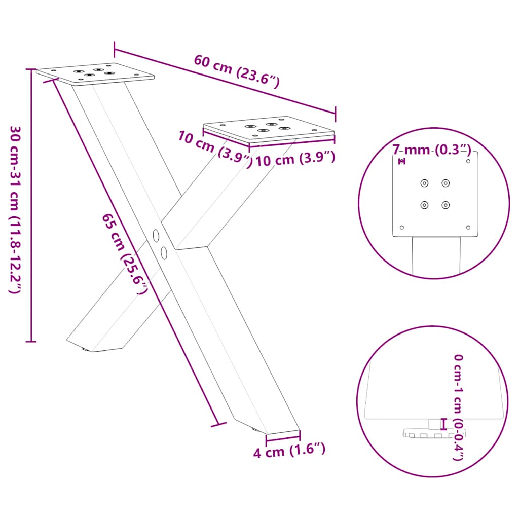Pieds de table basse en forme de X, 2 pièces, noir, 60 x (30-31) cm, acier - XIOS
