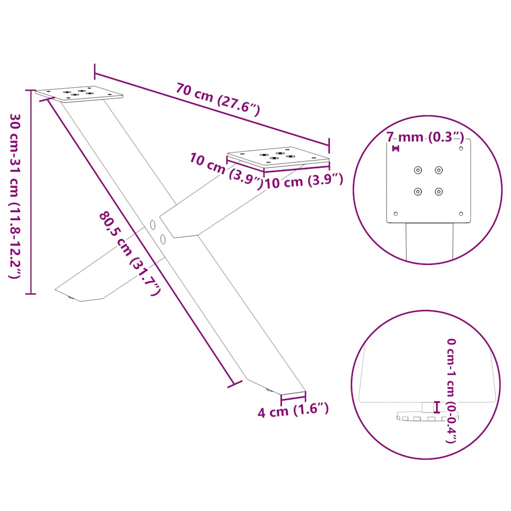 Pieds de table basse en forme de X, 2 pièces, blanc, 70 x (30-31) cm, acier - XIOS