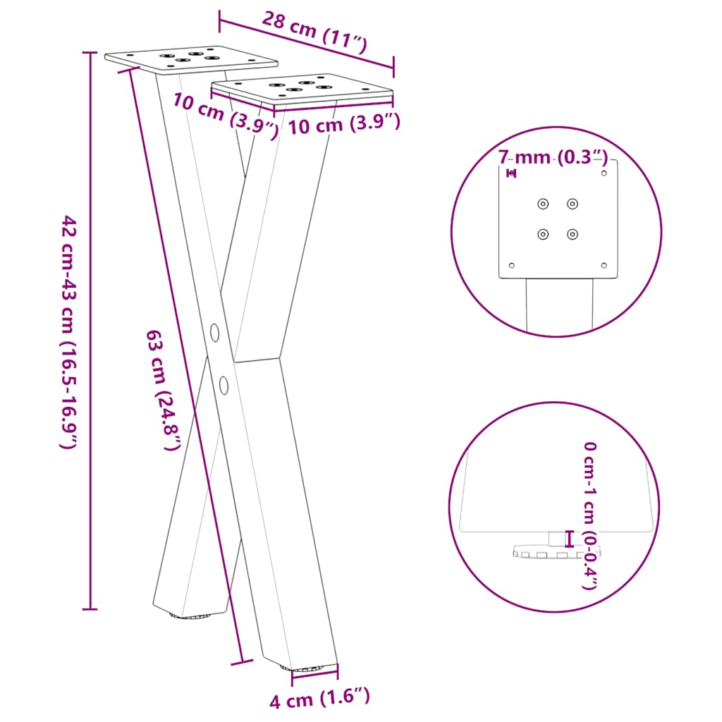 Pieds de table basse en forme de X, 2 pièces, noir, 28 x (42-43) cm, acier - XIOS