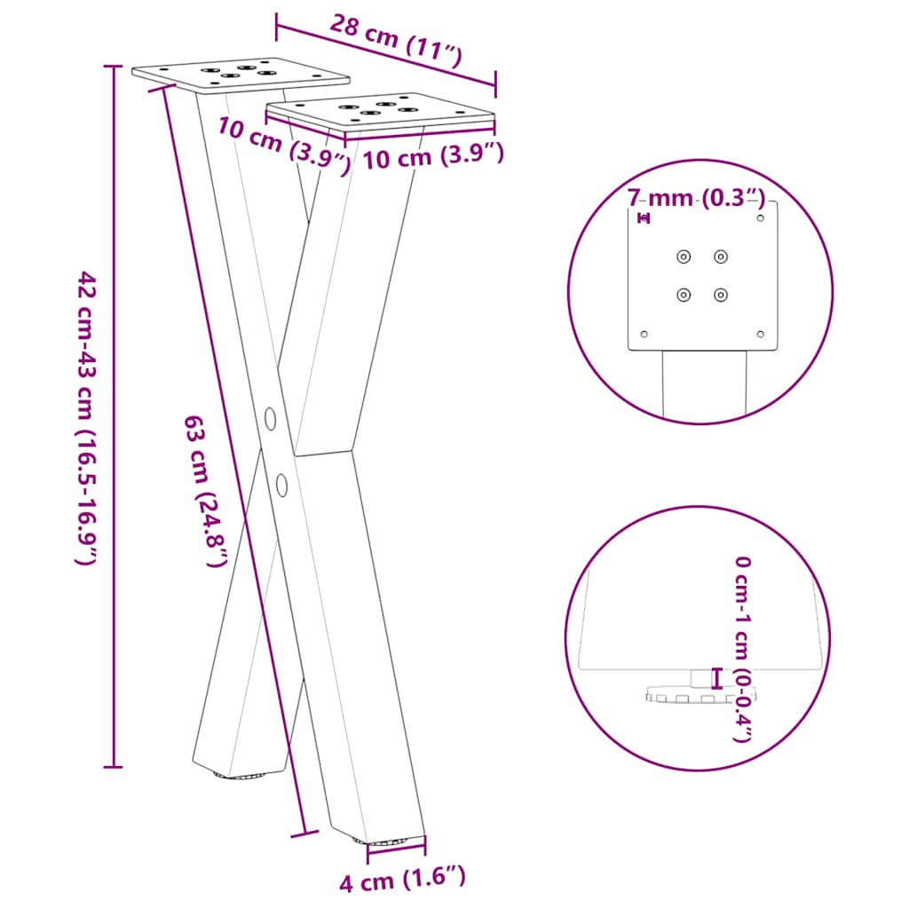 Pieds de table basse en forme de X, 2 pièces, blanc, 28 x (42-43) cm, acier - XIOS