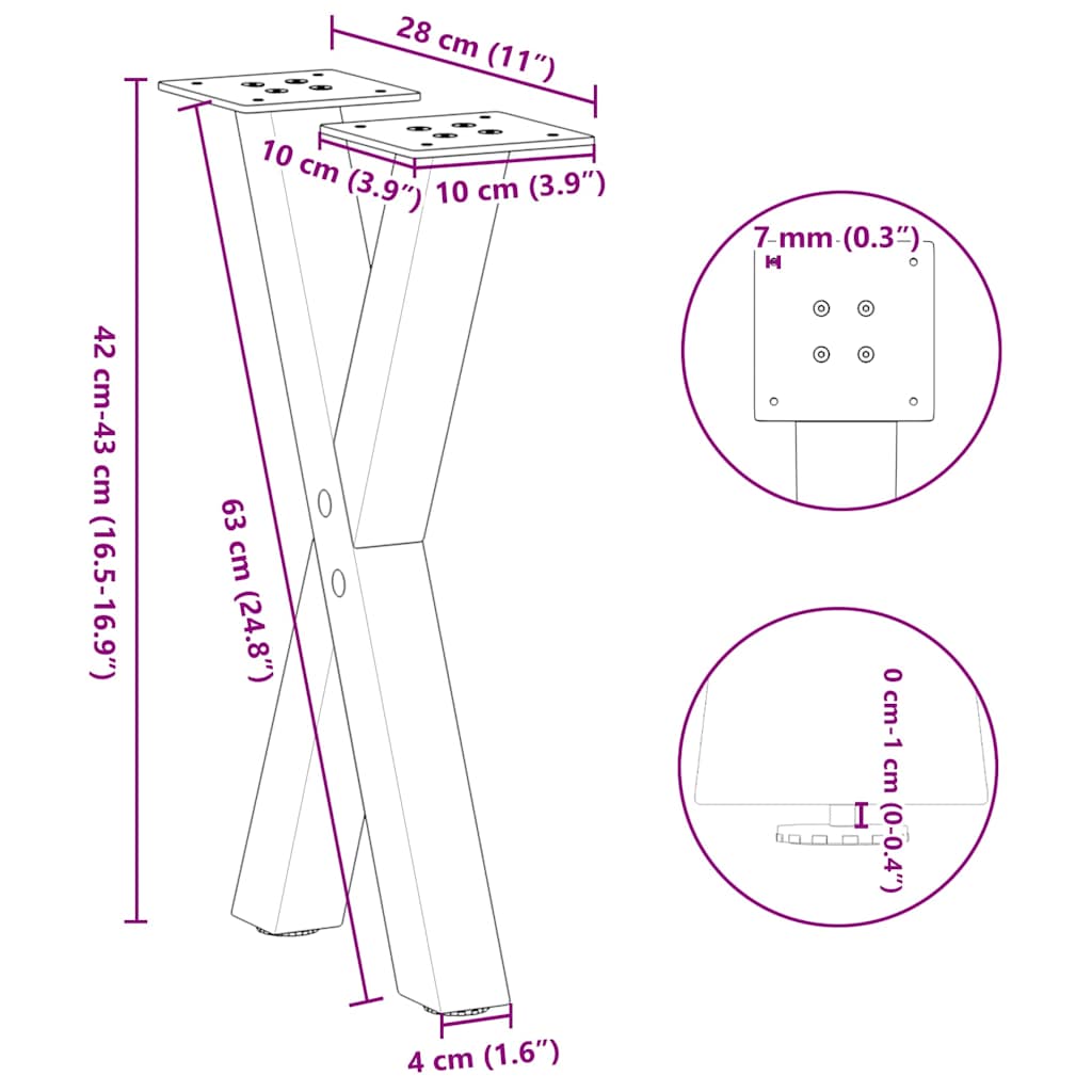 Pieds de table basse en forme de X, 2 pièces, acier naturel, 28 x (42-43) cm - XIOS
