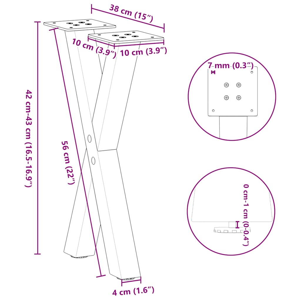 Pieds de table basse en forme de X, 2 pièces, noir, 38 x (42-43) cm, acier - XIOS