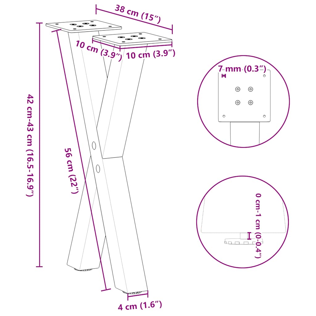 Pieds de table basse en forme de X, 2 pièces, anthracite, 38 x (42-43) cm, acier - XIOS
