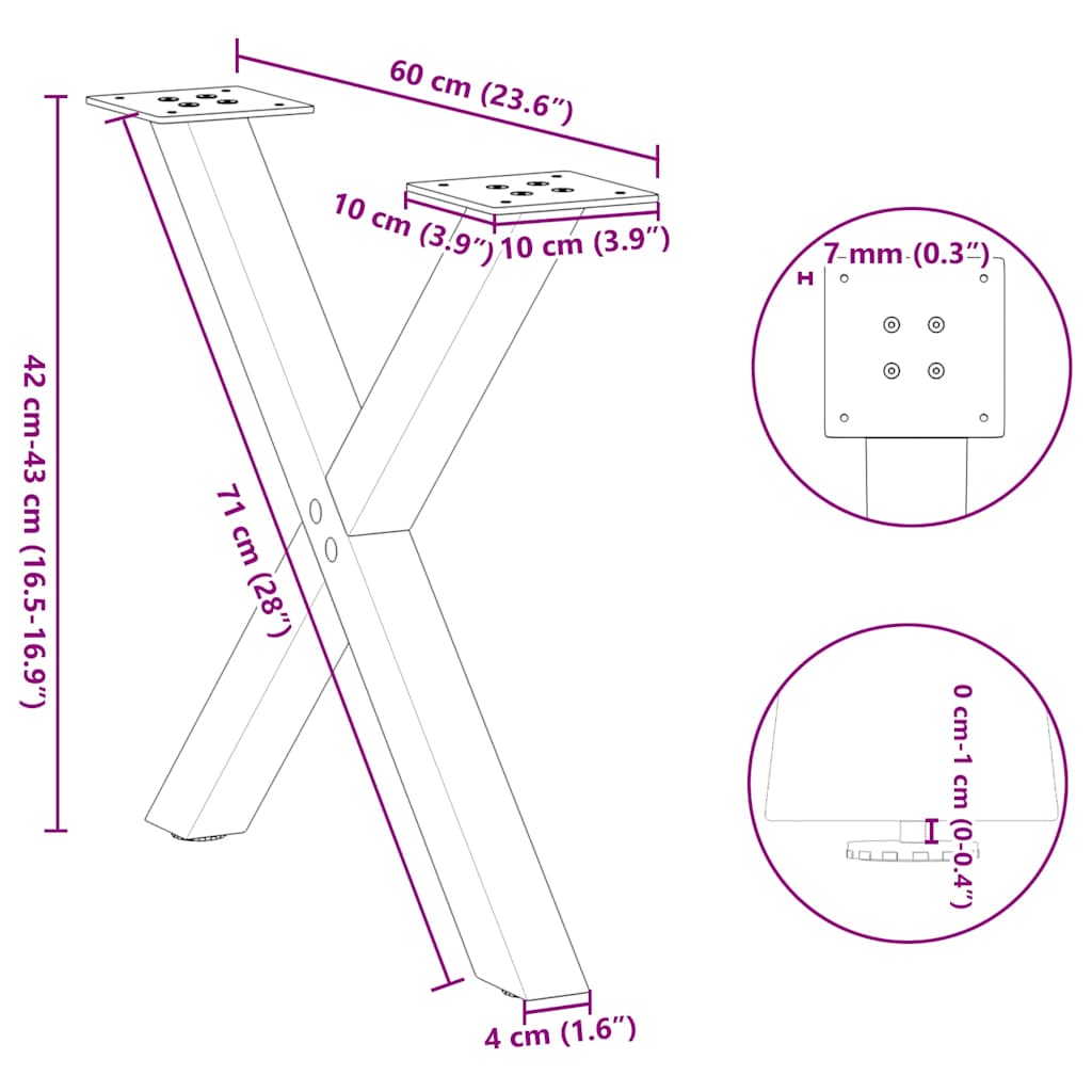 Pieds de table basse en forme de X, 2 pièces, blanc, 60 x (42-43) cm, acier - XIOS