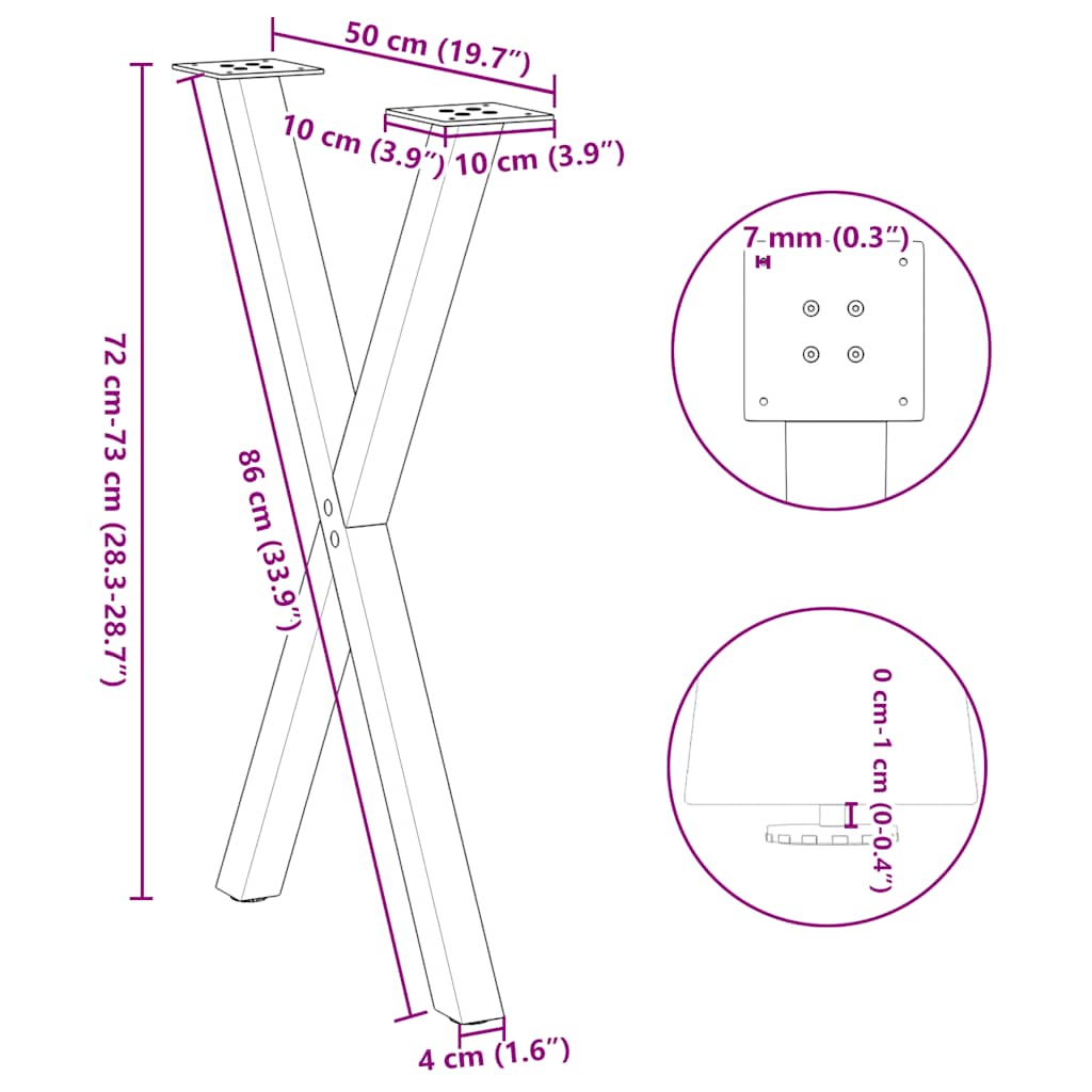 Pieds de table à manger en forme de X, 2 pièces, acier naturel, 50 x (72-73) cm - XIOS
