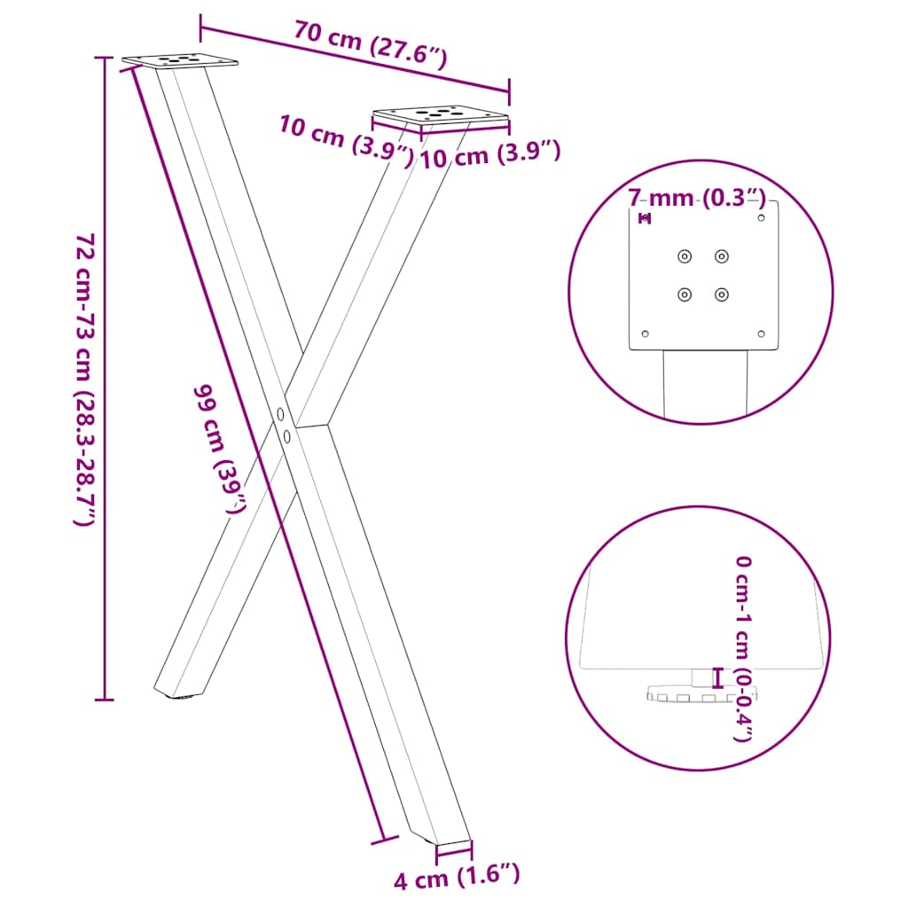 Pieds de table à manger en forme de X, 2 pièces, acier naturel, 70 x (72-73) cm - XIOS