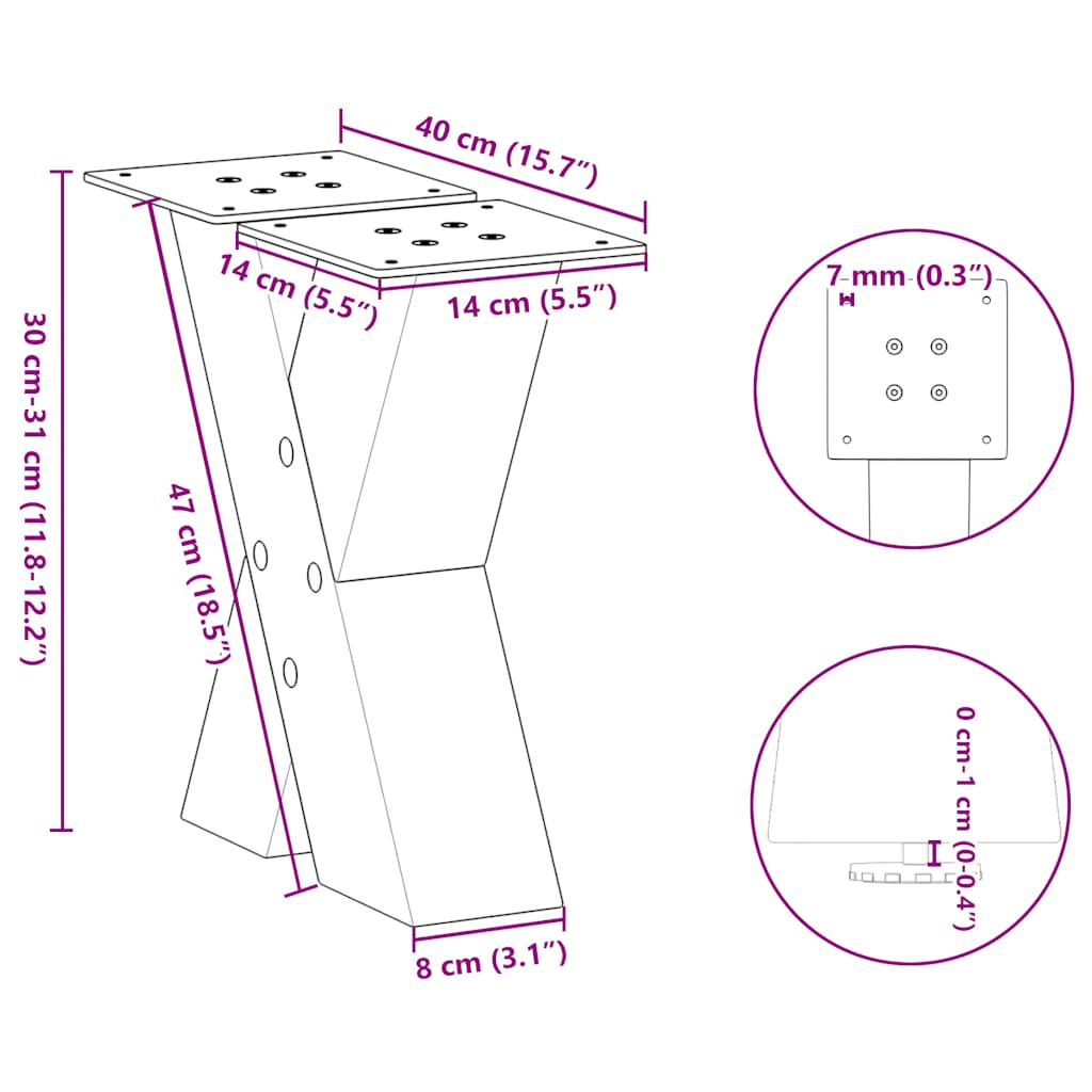 Pieds de table basse en forme de X, 2 pièces, acier naturel, 40 x (30-31) cm - XIOS