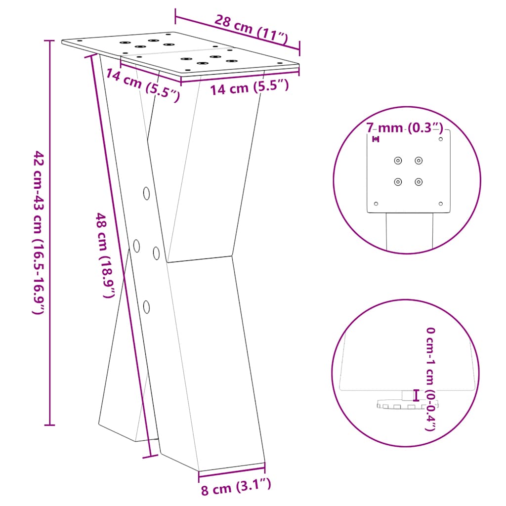 Pieds de table basse en forme de X, 2 pièces, acier naturel, 28 x (42-43) cm - XIOS