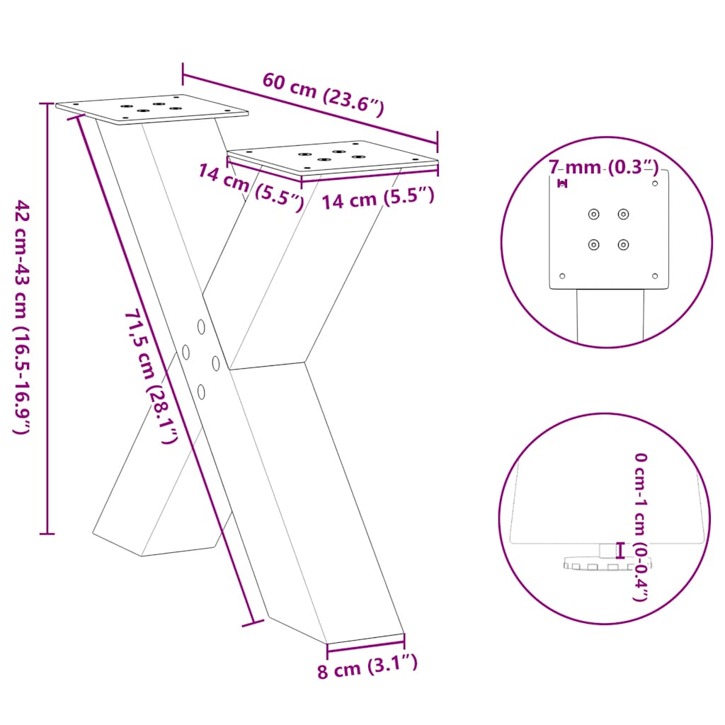 Pieds de table basse en forme de X, 2 pièces, noir, 60 x (42-43) cm, acier - XIOS