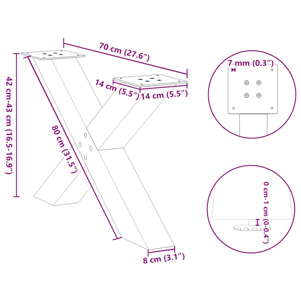 Pieds de table basse en forme de X, 2 pièces, blanc, 70 x (42-43) cm, acier - XIOS