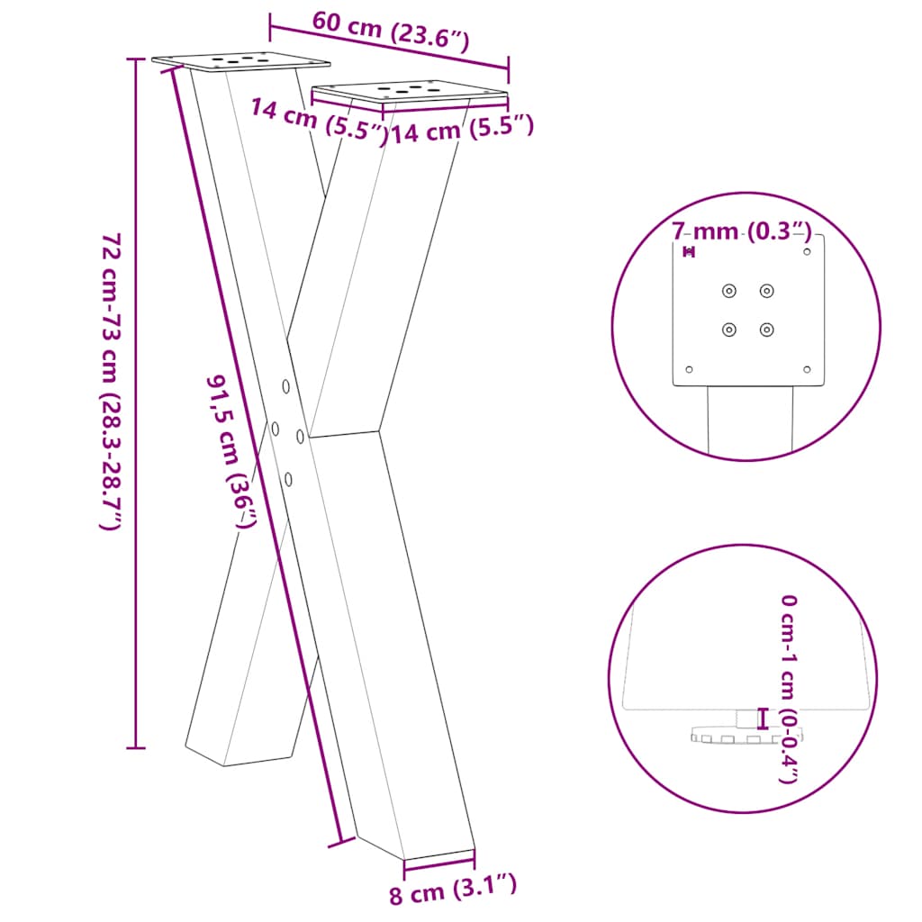 Pieds de table à manger en forme de X, 2 pièces, blanc, 60 x (72-73) cm, acier - XIOS